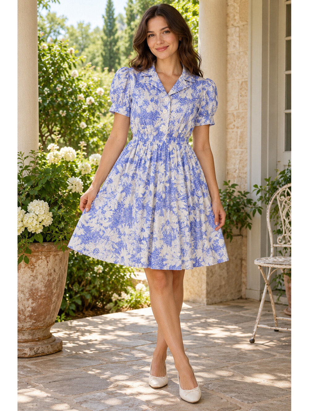 Vintage 80s California Looks Blue White Floral Dress Cottagecore Shirtwaist USA